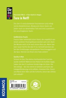 Text: "Die drei !!! - Tiere in Not!!!". Beschreibung: Ein Buchcover mit hellgrünem Hintergrund, Logos und weiteren Infos.