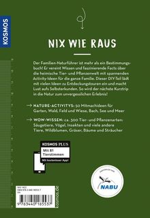 "Nix wie raus" steht oben. Ein Naturführer für Familien mit Aktivitäten und Wissen über Tiere und Pflanzen. Enthält 81 Tierstimmen. Logo von NABU unten rechts.