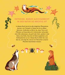 "Entdecke, warum Gleichgewicht in der Natur so wichtig ist." Illustration mit Tieren: Otter, Wolf, Biber, Insekten, Pilze.