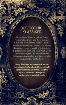 "DER GOTHIC-KLASSIKER" steht oben, gefolgt von Text über Victor Frankenstein. Ornamentale, verzierte Umrandung.