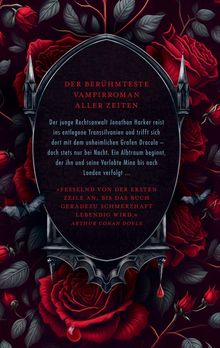 Ein gotischer Rahmen zeigt den Text über Dracula; rote Rosen und graue Blätter bilden den Hintergrund.