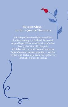 "Mut zum Glück – von der »Queen of Romance«". Blauer Hintergrund, rote Blume und geschwungenes blaues Band.