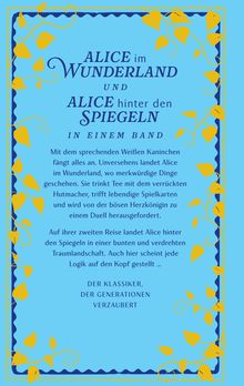 Ein blauer Hintergrund mit gelben Blättern umrahmt den Text über Alice im Wunderland und Alice hinter den Spiegeln.