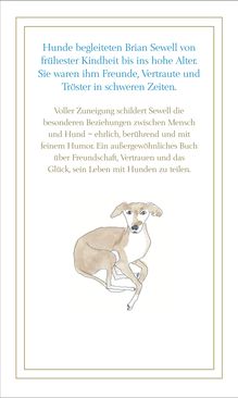 Text über Hunde und Brian Sewell, unten eine Illustration eines sitzenden Hundes in sanften Farben.