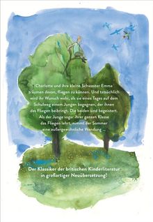 Text über zwei Schwestern, die fliegen lernen. Illustration zeigt Kind auf einem Baum, Vögel im Hintergrund.