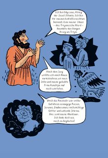 Eine Comic-Szene: Ein Mann spricht. Texte beschreiben seine Abenteuer. Er erwähnt Trojanisches Pferd, Gefahren und lädt ein.