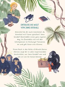 Ein Junge sitzt in einem Baum, daneben Schimpansen, Fernglas, Notizbuch und Pflanzen. Text über Jane Goodall und Tiere.