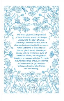 Text über "Northanger Abbey" von Jane Austen, umrahmt von blauen Blumenmustern.