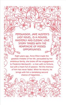 Text über Jane Austens "Persuasion", umgeben von roten Blumenillustrationen.