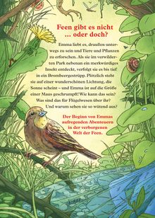 Text: "Feen gibt es nicht … oder doch?" und "Der Beginn von Emmas aufregenden Abenteuern". Ein Vogel im dichten Laubwerk.