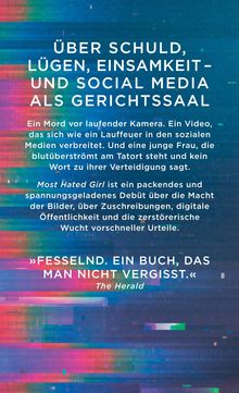Bunte, verzerrte Hintergrundgrafik mit Text über Schuld, Lügen und Social Media als Gerichtssaal. Zitat von The Herald.