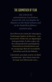 "THE GODMOTHER OF FEAR" gefolgt von einem Zitat von Stephen King über Daphne du Mauriers unheimliche Geschichten.