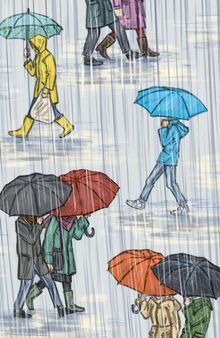 Illustration von Menschen, die im Regen gehen, mit bunten Regenschirmen und Regenbekleidung.