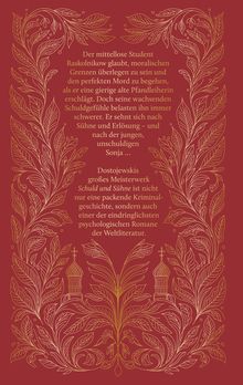 Text über "Schuld und Sühne" von Dostojewski, umgeben von floralen goldenen Mustern auf rotem Hintergrund.