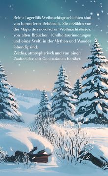 Text über Selma Lagerlöfs Weihnachtsgeschichten vor einer verschneiten Winterlandschaft mit Tannenbäumen.