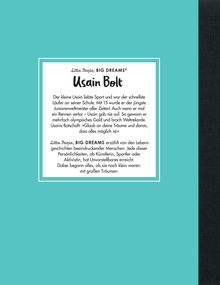 Der Text handelt von Usain Bolts frühen Erfolgen und der Botschaft, an Träume zu glauben. Es ist eine Buchbeschreibung.