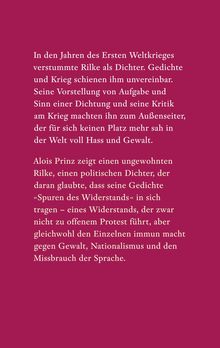 Weißer Text auf dunkelrotem Hintergrund über Rilkes Schweigen im Krieg, Alois Prinz' Darstellung von Rilke.