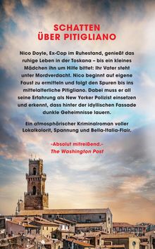 Text: "Schatten über Pitigliano", Kriminalroman über Nico Doyle in der Toskana. Das Bild zeigt eine mittelalterliche Stadtlandschaft.