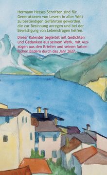 Hermann Hesses Schriften begleiten mit Gedichten durch das Jahr 2027. Aquarell einer Landschaft mit See und Gebäuden.