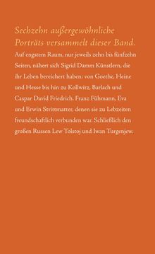 "Sechzehn außergewöhnliche Porträts versammelt dieser Band. Auf engstem Raum, nur jeweils zehn bis fünfzehn Seiten..." Beige Schrift auf orangenem Hintergrund.