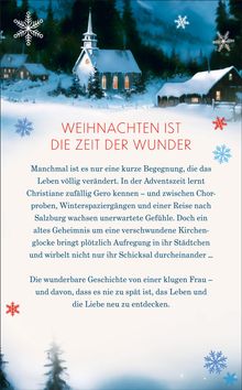 Text: "WEIHNACHTEN IST DIE ZEIT DER WUNDER". 
Schneeflocken zieren eine verschneite Landschaft mit Häusern und einer Kirche.