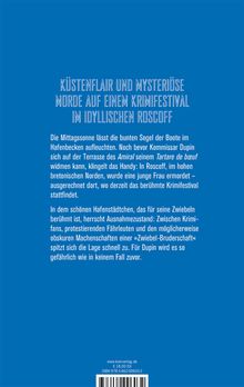 Küstenflair und mysteriöse Morde auf einem Krimifestival im idyllischen Roscoff. Blauer Hintergrund, weißer Text.
