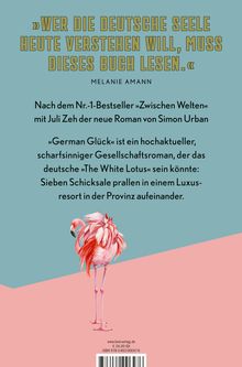 Zitat: „Wer die deutsche Seele heute verstehen will, muss dieses Buch lesen.“ Flamingo-Illustration vor blau-pinkem Hintergrund.