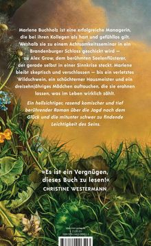 Ein Zitat von Christine Westermann lobt das Buch. Der Text beschreibt eine Managerin im Achtsamkeitsseminar. Illustration zeigt Natur.