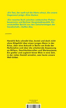 Vorne gelbe Fläche mit blauen und schwarzen Zitaten zum Buch, darunter Infos über Hendrik Bolz und seine Themen.