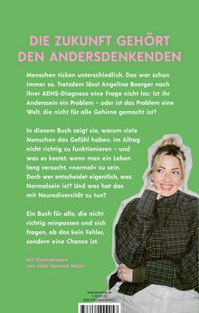 "Die Zukunft gehört den Andersdenkenden. Ein Buch über ADHS, Neurodiversität und Chancen. Mit Illustrationen von Julia Vanessa Maier." Darunter ist eine fröhliche Frau mit verschränkten Händen.