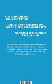 Weiße, fettgedruckte Fragen auf blauem Hintergrund, darunter ein beschreibender Text über ein inspirierendes Gespräch.