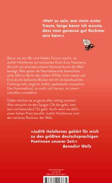 Rotes Buchcover mit Biene. Zitate: "Nett zu sein...Rockstar sein kann." Und: "Judith Holofernes...unsrer Zeit." Benedict Wells.