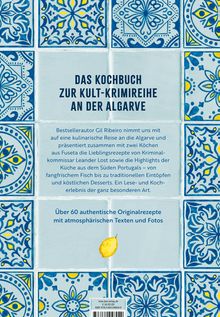 Fliesendesign in Blau und Gelb. In der Mitte steht: "DAS KOCHBUCH ZUR KULT-KRIMIREIHE AN DER ALGARVE". Eine gelbe Zitrone.