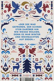 Text in Blau: „Der See war gefroren, der Schnee stob... Weihnacht auf Erden." Illustration mit Vögeln, Engeln, Bäumen, Rentieren.