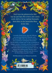 Ein fantastisches Design mit Tieren, Pflanzen und einem Kelch umrahmt Texte über das geheimnisvolle Land Faerie.
