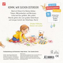 „Komm, wir suchen Ostereier! Erlebe fröhliche Ostern mit Lotta!“ Ein Kind malt Kreidebilder, ein Teddybär sitzt daneben.