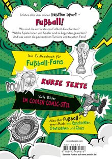 Erfahre alles über Fußball: Geschichten, Statistiken, Quiz. Comic-Stil-Design mit spielenden Figuren und einem Pokal.