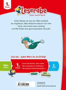 Text: "Unter Wasser ist was los: Mika entdeckt ein Ungeheuer, Nelli bekommt Besuch von ihrer Tante, Lila macht einen Ausflug und Mia findet eine ganz besondere Freundin." Das Bild bietet bunte Illustrationen mit einem kindgerechten Design, inklusive eines lächelnden Meerjungmädchens.