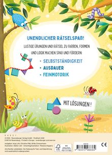 „Unendlicher Rätselspaß!“, „Selbstständigkeit“, „Ausdauer“, „Feinmotorik“, „Mit Lösungen!“ Fröhliche Illustrationen mit Tieren.