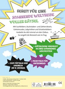 BEREIT FÜR EINE SPANNENDE WELTREISE VOLLER RÄTSEL. Illustration mit Flugzeug, Schiff und Sternenformen.