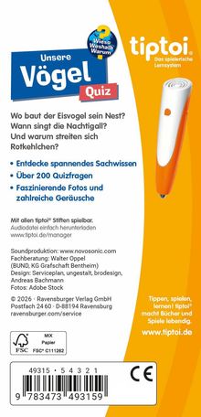 Text: "Unsere Vögel Quiz", "Wo baut der Eisvogel sein Nest?", "Über 200 Quizfragen". Rechts ein orange-weißer Stift.