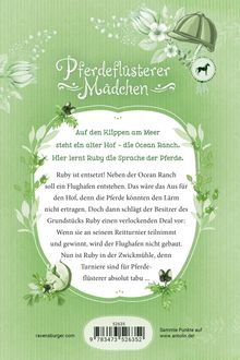 "Auf den Klippen am Meer steht ein alter Hof - die Ocean Ranch. Hier lernt Ruby die Sprache der Pferde." Grünes Blumenmuster.