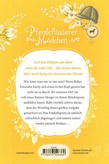 Titel: "Pferdeflüsterer Mädchen". Text: Auf den Klippen am Meer... Sprache der Pferde.  Illustration mit Blumen und Helm.