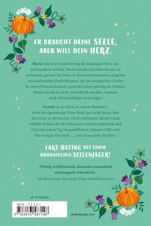 Text: „Er braucht deine Seele, aber will dein Herz. Fake-Dating mit einem dämonischen Seelenjäger!“ Illustration: Kürbis, Blumen.
