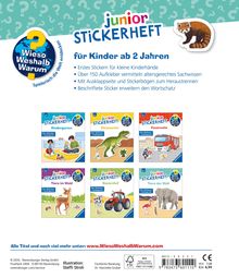 "Wieso Weshalb Warum", "Junior Stickerheft", "für Kinder ab 2 Jahren", 7 Themen: Kindergarten, Dinosaurier, Feuerwehr, Waldtiere.