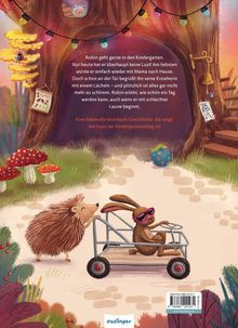 Text: "Robin geht gerne in den Kindergarten... wie bunt der Kindergartenalltag ist!" Illustration: Igel schiebt Hasen im Kart.