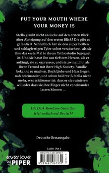 Text über ein turbulentes Verhältnis zwischen Stella und Tyler. Dunkler Hintergrund mit grünen Mustern und Logos.