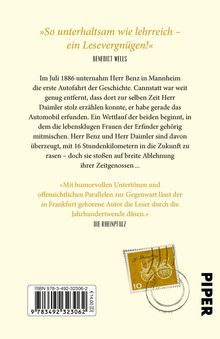 Zitate von Benedict Wells und Die Rheinpfalz, Buchbeschreibung über die Erfindung des Automobils, gelbes Design, Logo der Marke PIPER.