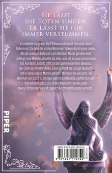 Text: "Sie lässt die Toten singen. Er lässt sie für immer verstummen." Darunter eine Statue mit Flügeln, umgeben von Blättern.