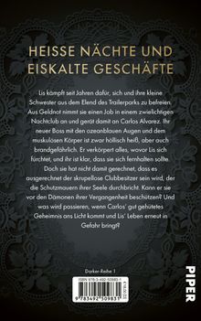 "Heisse Nächte und eiskalte Geschäfte" steht oben. Darunter folgt ein Text über Lis und ihren umstrittenen Chef. Verzierungen umfassen Spitzenmuster.